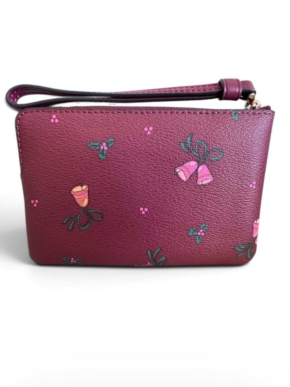 COACH Burgundy holiday bells Wristlet with Gold Logo nwt - Picture 4 of 5
